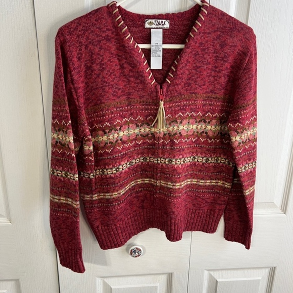 Tiara International Sweater Women's Medium Petite‎ MP Red Fair Isle Ramie Cotton